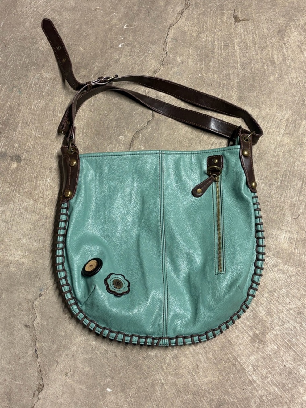 Chala Teal Shoulder Bag with Brown Trim